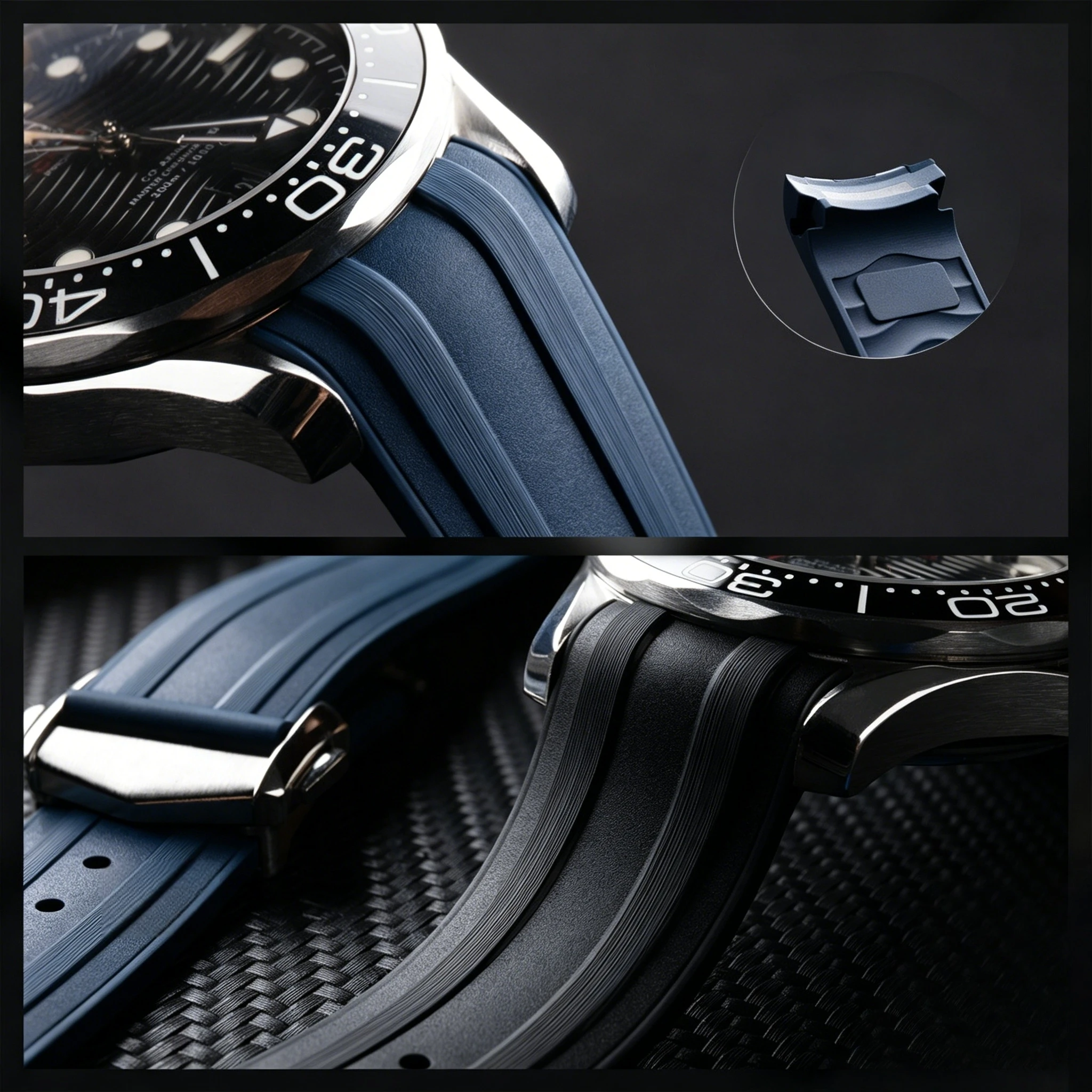 Фото Высококачественный изогнутый ремешок для часов Omega Seamaster 300, 20 мм, из каучука FKM, с оригинальной удлиненной застежкой. №1