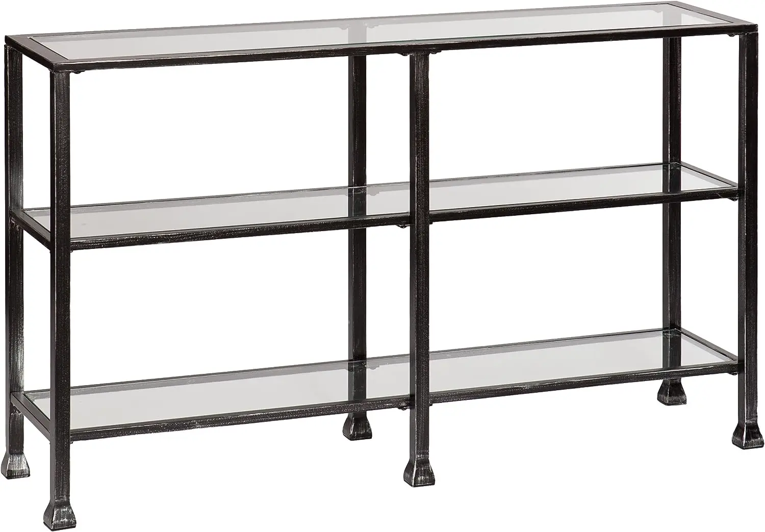 

Enterprises Three Tier Glass Console Table, Black Metal Distressed Finish