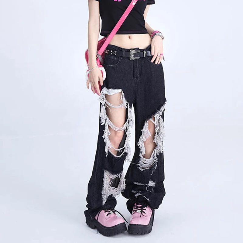 

Gidyq Y2K Women Ripped Jeans Korean Fashion Tassel Loose Wide Leg Pants High Waist Female Casual Streetwear Denim Trousers
