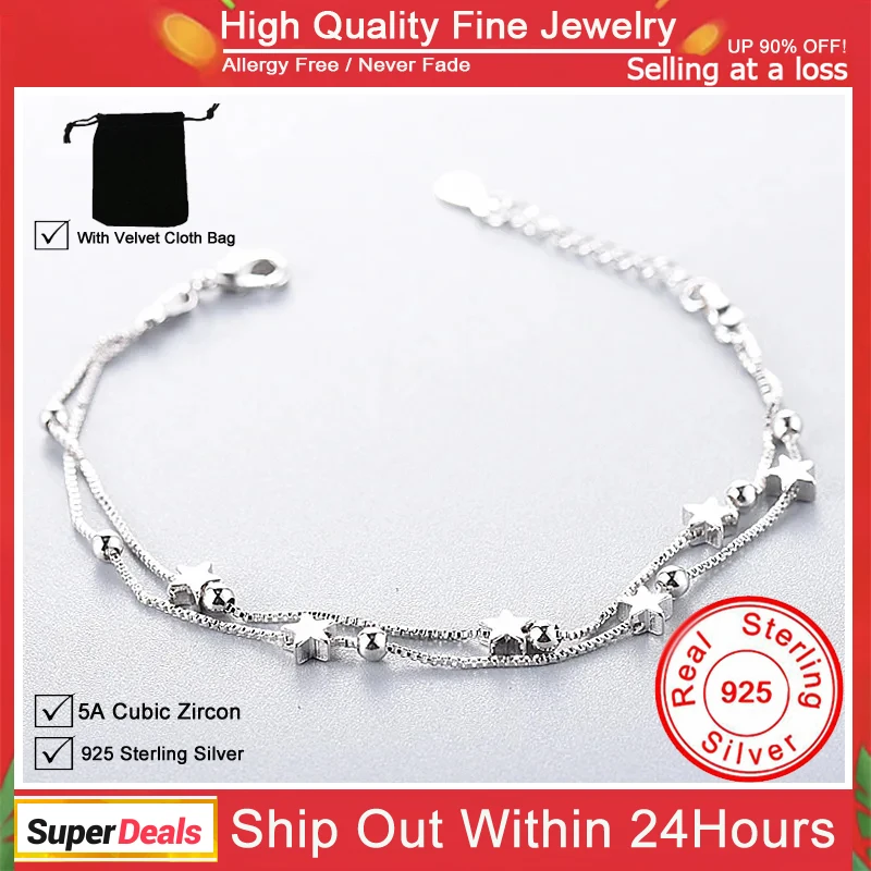 Genuine 925 Sterling Silver Double Layers Stars Beads Charm Bracelets &ampBangle for Women Girls Elegant Birthday Wedding Party