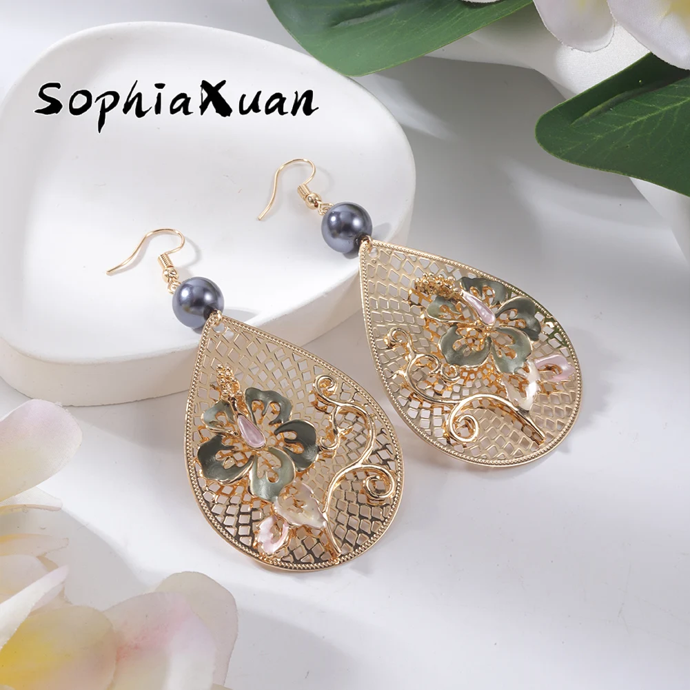 

Sophiaxuan Drop Earrings Hawaiian Trendy Flower Bohemian Aesthetic Jewelry Vintage Pearl Dangle Earrings for Women New 2022