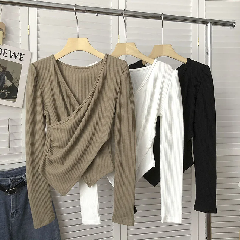 

Vintage Almighty Casual Femme T-Shirts Autumn Winter Basic Criss-cross Long Sleeve Women Tees Korean Fashion Irregular TShirt