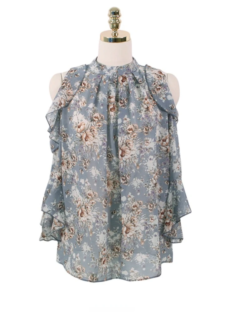 Женская шифоновая блузка с открытыми плечами элегантная офисная длинным рукавом