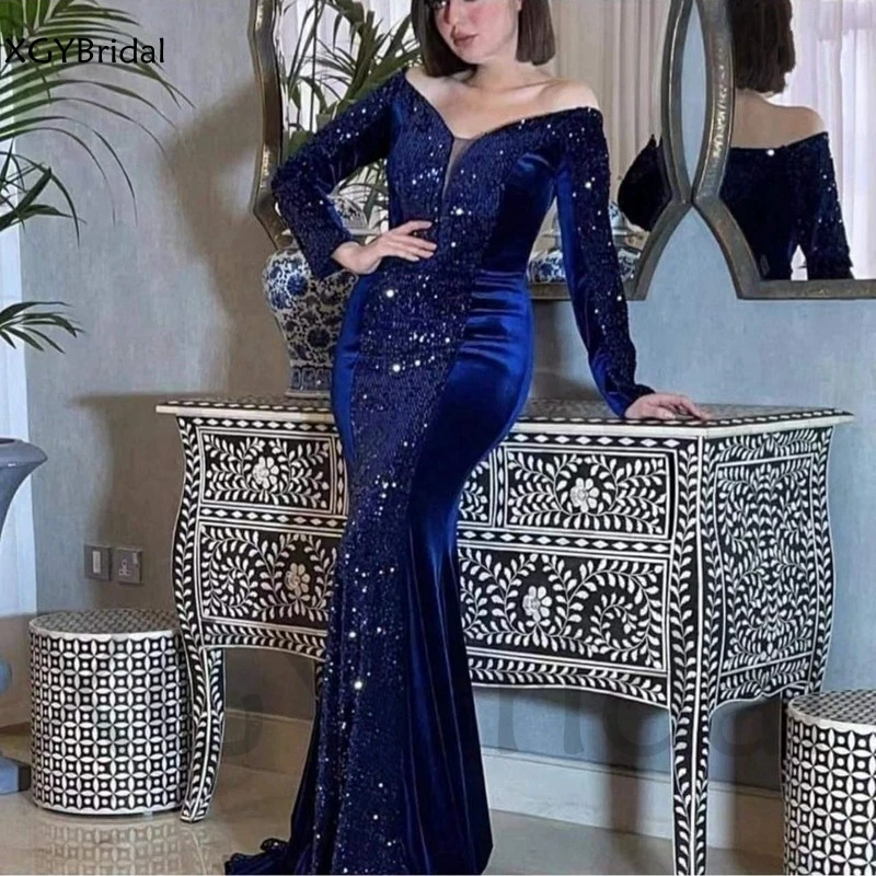 Женское вечернее платье-русалка синее кружевное платье с V-образным вырезом и