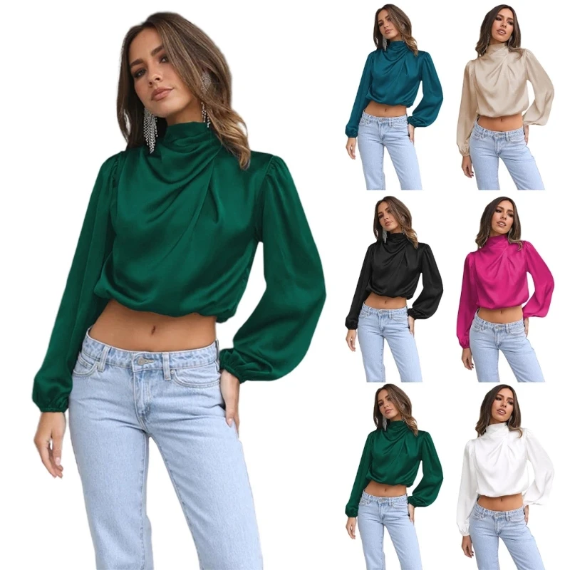 

Wome's Elegant High Neck Ruffle Long Sleeve Satins Silk Blouses Tops Elegant Female Crop Tops Camisole
