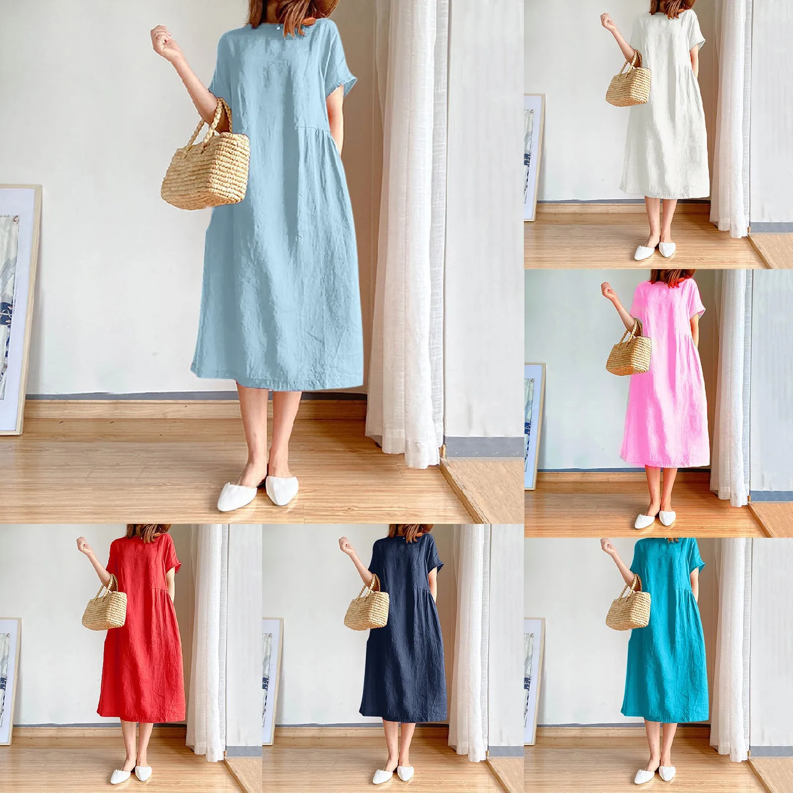 

Maxi Summer Ladies Round Neck Short Sleeve Solid Color Loose Slim Mid Length Dress Dress for Women Buttons
