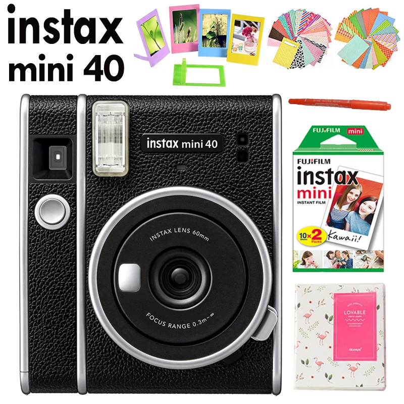 Fujifilm Instax Mini 40 Instant Camera Black + 20 Sheets Instax White Film + 64 Pocket Photo Album + 10-in-1 Accessories Kits