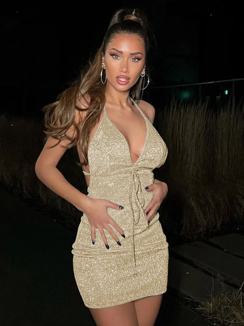 

Сексуальное яркое шелковое женское платье с глубоким вырезом, модное облегающее однотонное тонкое платье без рукавов с открытой спиной и б...