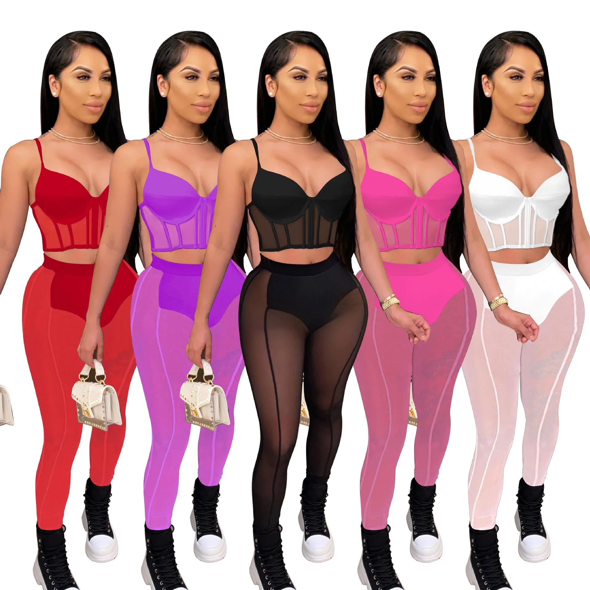 

FA8210 Summer Clothes for Women New 2022 Fashion Solid Color Casual Pants Sets Mesh Perspective Sexy Women Clothing 2 Pieces Set