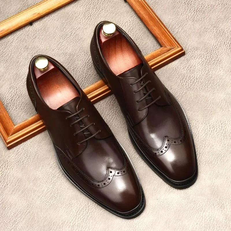 

Black Brown Mens Party Shoes Formal Oxfords Genuine Leather Brogue Shoes Fashion Square Head Formal Male Wedding Dress Shoes