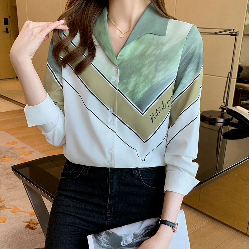 

2022 V-neck Blouse Skin-friendly Soft Long Sleeve Shirt Women Collision Color Simple Temperament Printed Chiffon Women Tops