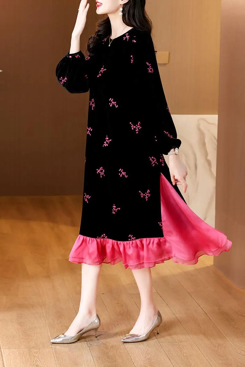 Женское бархатное платье миди AIMEILI новое модное с цветочной вышивкой и круглым