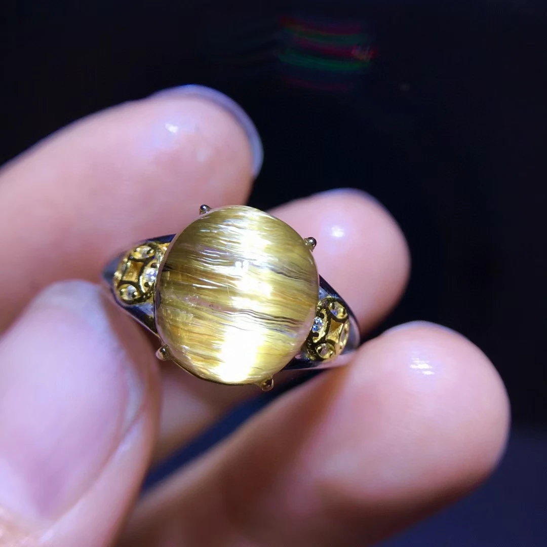 

Natural Gold Rutilated Quartz Bead Adjustable Ring Women 11.1/10.1mm Yellow Rutilated Quartz 22.8/16.8mm Oval Jewelry AAAAAA