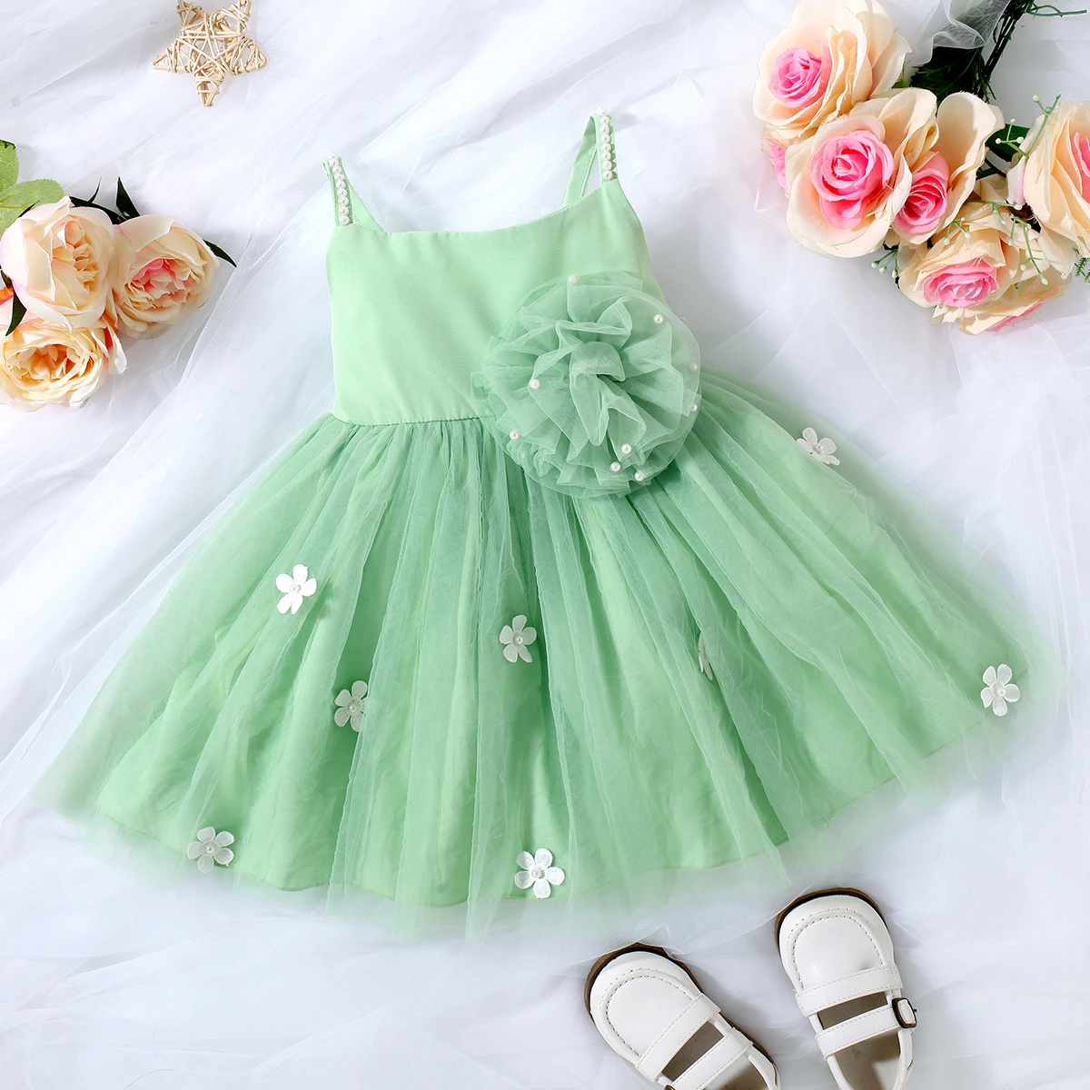 

Princess Baby Girl Dress Summer Backless Baby Girls Birthday Dress For 2-7T Kids Dress Fashion Mosaic Floral Printed Mesh Dress