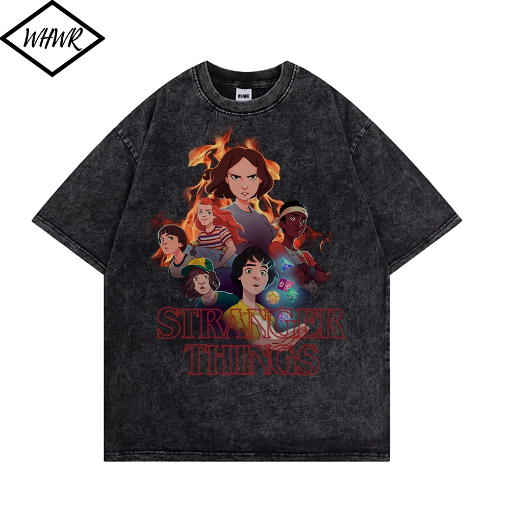 

WHWR Retro Wash Summer Men's Tops Anime Character Printed T-shirts Hip Hop Streetwear T Shirt 100% Cotton Casual Tees for Men