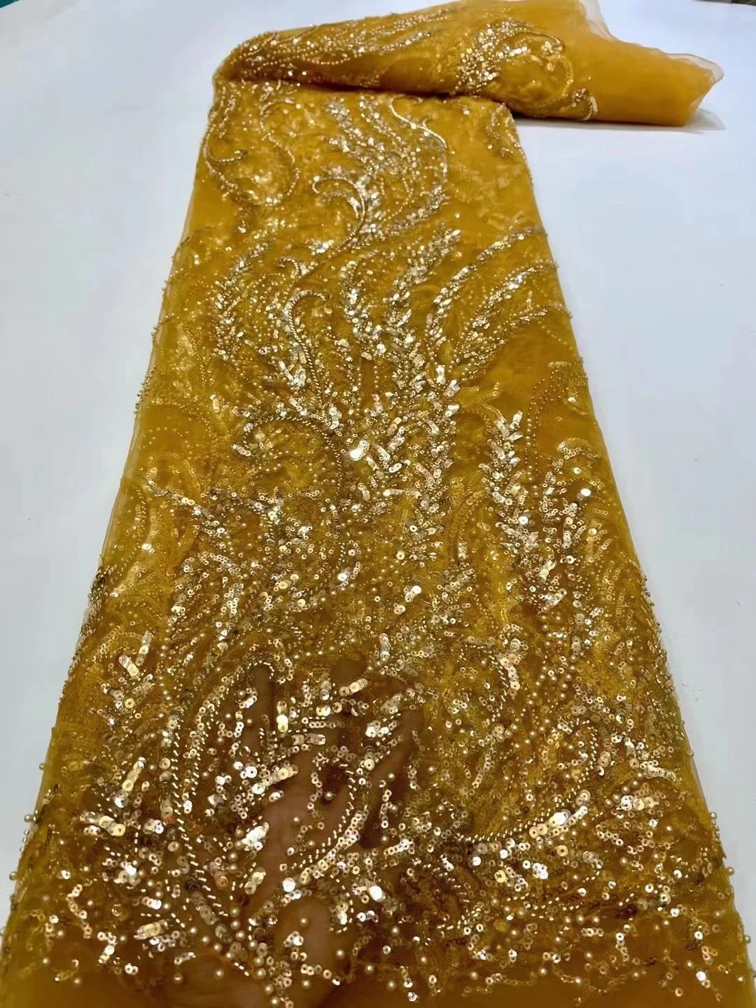 

(5yards/pc) Beaded sequins African wedding French net lace high quality peach tulle lace fabric with wonderful embroidery