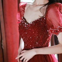luxurious sequin pearl evening dress red sexy v neck princess puff short sleeves floor length tulle a line prom dresses