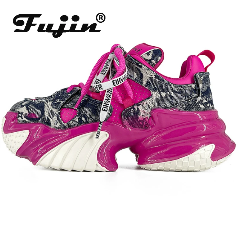 

Fujin 7cm Denim Leather Casual Chunky Sneakers Women Shoes Casual Wedge Platform Vulcanize Mixed Color Pumps Fashion Wedge Comfy
