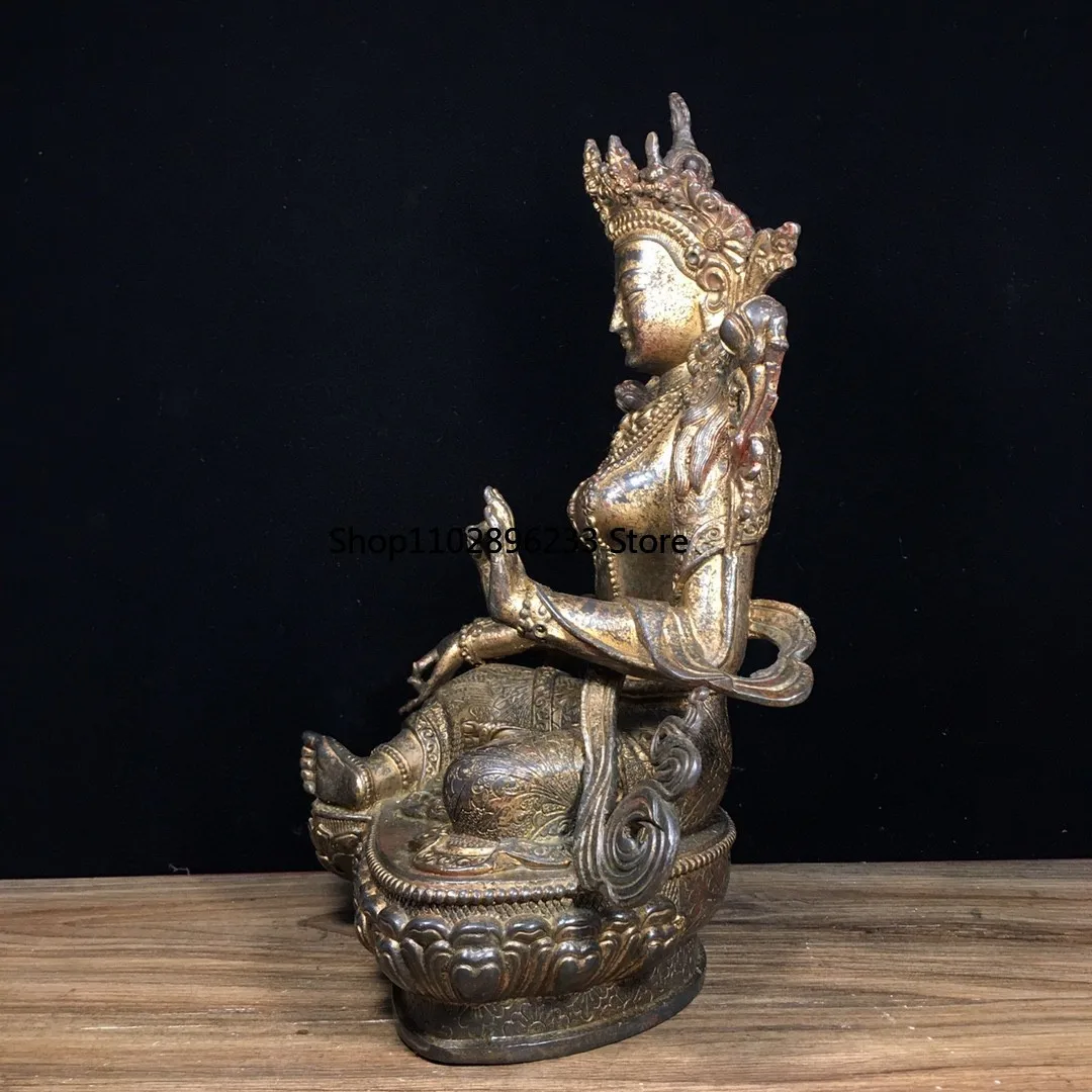 Тибетская латунь грязь золото киноварь окрашенная Гуаньинь зеленая Тара Будда
