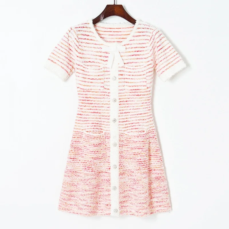 

2022 Summer Sweater Knitting Dresses Women O-Neck Mini Dress A-Line Striped Casual Robes Vestidos Sweet Japanese Korean Clothes