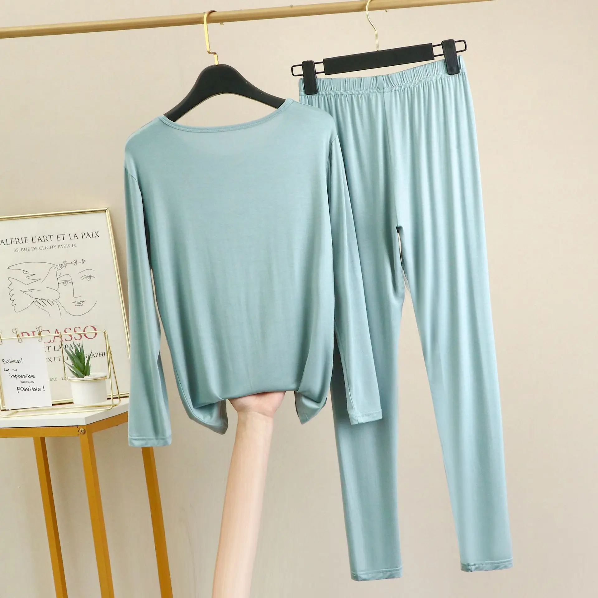 Modal Underwear Set Pajamas Long Pants Women Intimate Clothing Elastic Close-fitting Body Bottoming Home Soft Johns Thermals Top