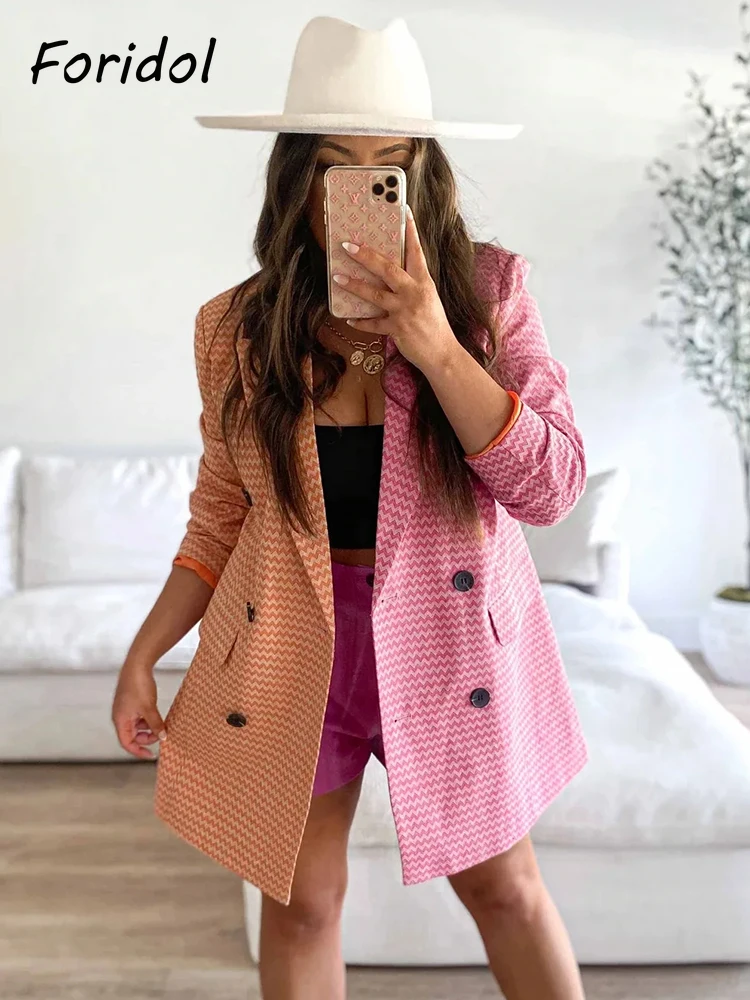 

Foridol Rose Red Yellow Patchwork Women Water Wave Printed Fashion Autumn Long Blazer Double Breasted Winter Jacket Blazer Coat