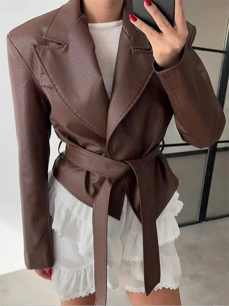 Фото Осенние куртки из искусственной кожи на шнуровке, верхняя одежда, женские однотонные повседневные повседневные бандажные куртки с лацканами, новинка 2025 года, лоскутные пальто, женские куртки из искусственной кожи №4