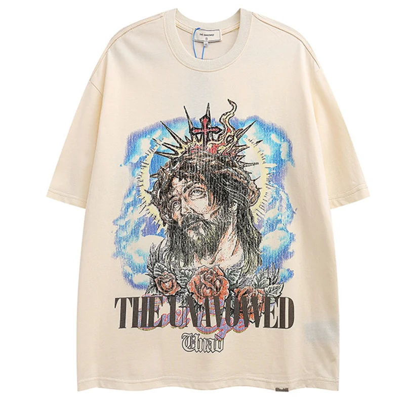 

Hip Hop Streetwear Gothic Oversized T-shirts Letter Jesus Printed Vintage Short Sleeve Tops 2022 Men Harajuku cotton T Shirt