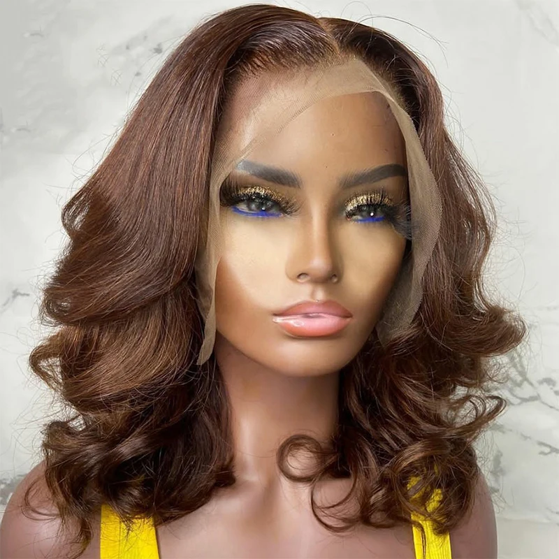 Closure Wig Wavy Short Bob Lace Front Human Hair Wigs Brown Lace Front Wig For Women  Brazilian Bleached Knots T Part Lace Wig
