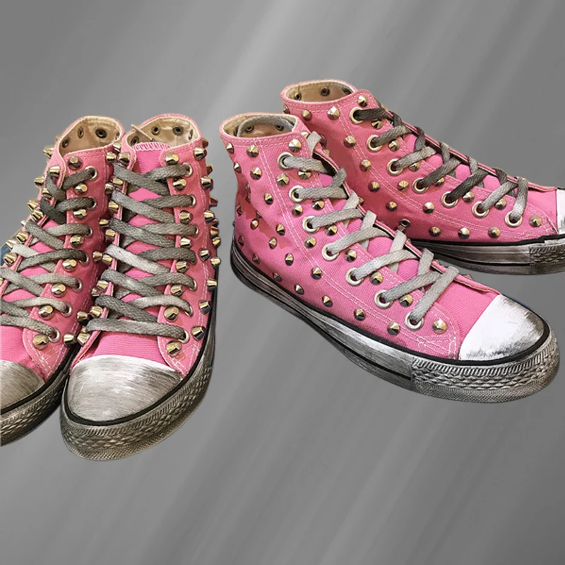 

Pink high and low help old dirty rivet shoes street shooting hip-hop walking handmade rivet vulcanized shoes 35-41