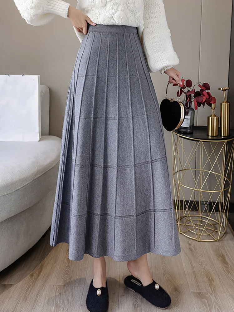 Winter Long Knit Skirts Warm Cashere Blend Plaid Knitted A-line Big Flared Maxi Long Skirts 90cm Coffee Gray Beige Khaki