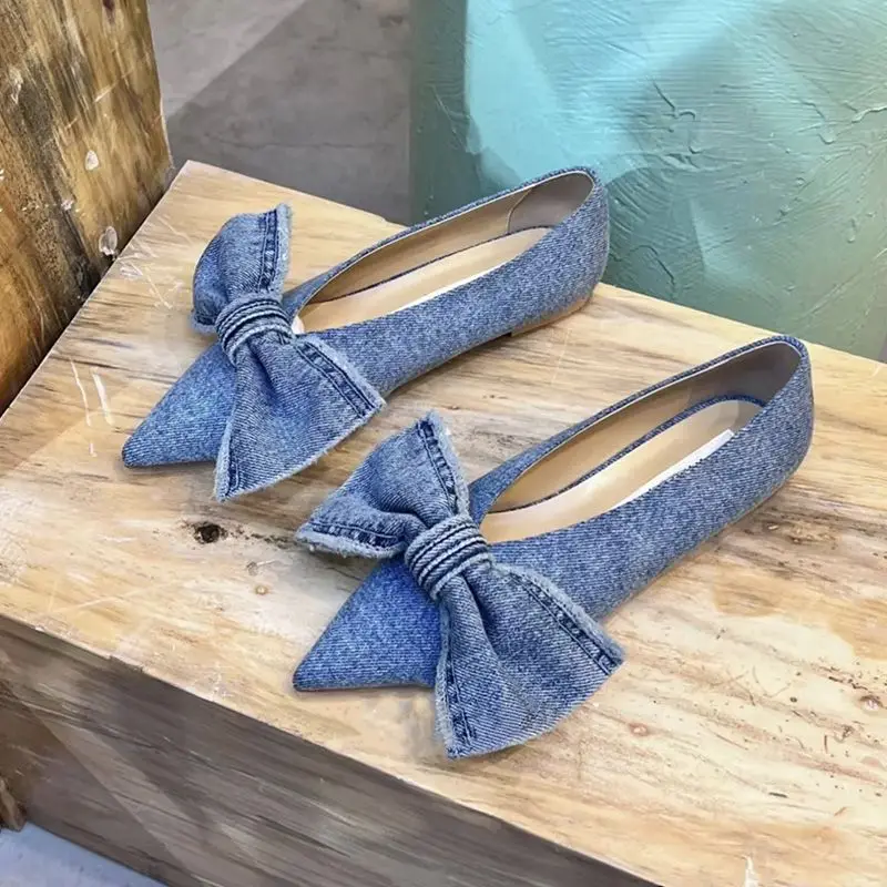 2023 Spring and Summer New Niche Pointed Toe Big Bow Flat Shoes Denim Shallow Mouth Pumps Women