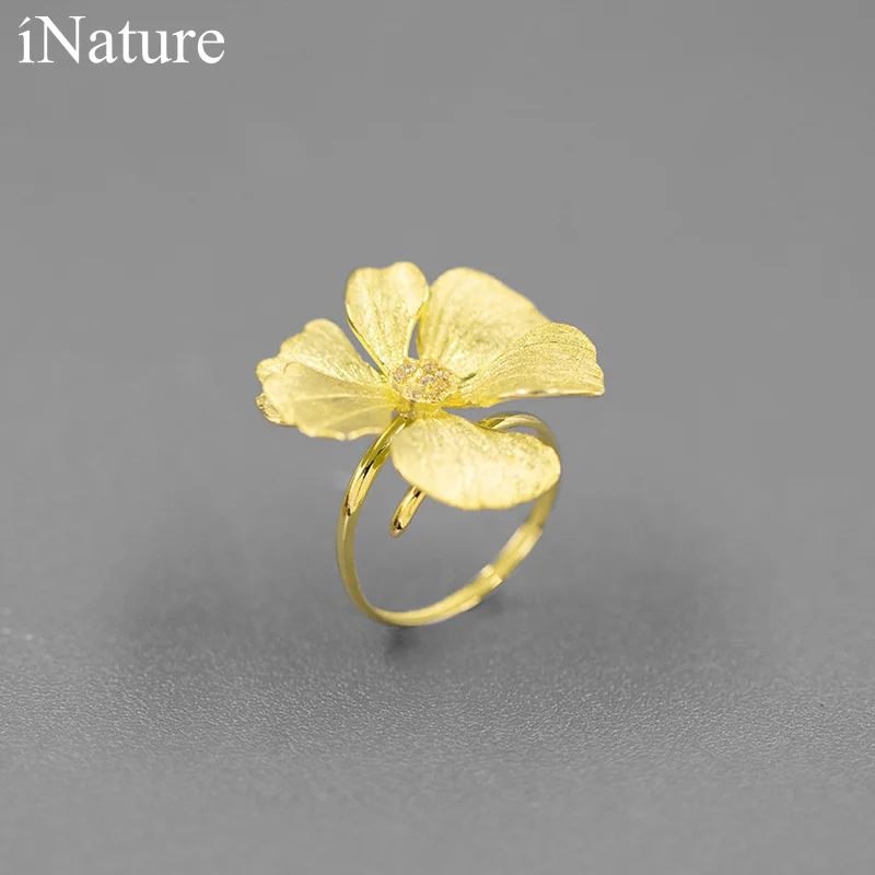 INATURE Elegance 925 Sterling Silver Peony Flower Opening Adjustable Rings For Women Statement Jewelry