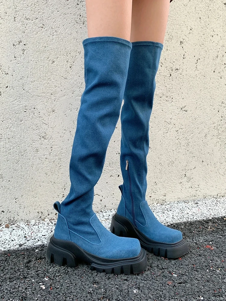 

2023 new elastic over knee boots women's thick soled square denim boots do not drop off high heels to slim sugar blue boots