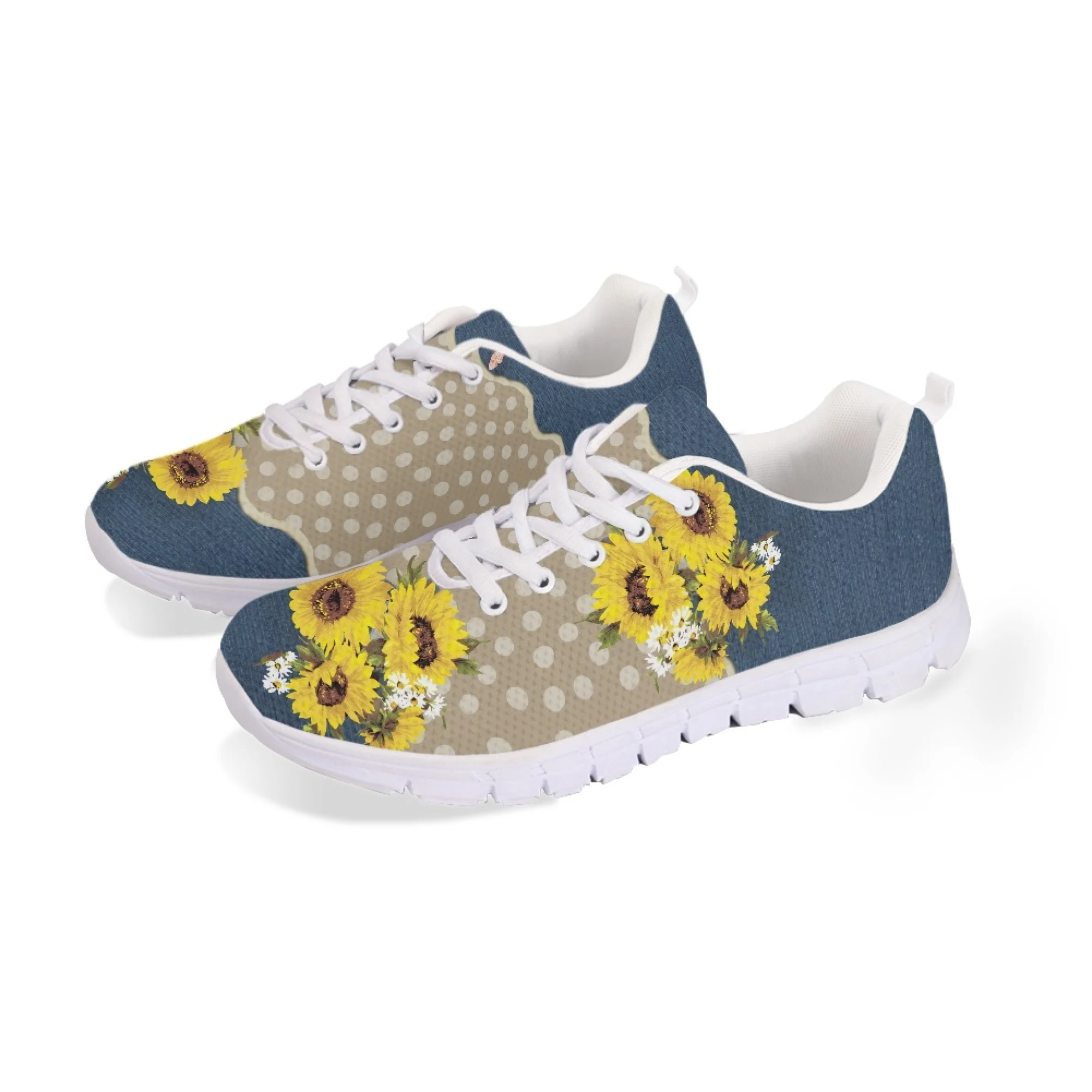 Yikeluo 2023 Women Lace up Mesh Sneakers Sunflower and Butterflies Print Walk Flat Shoes for Ladies Casual Footwear Zapatos