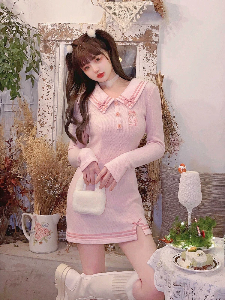 

Japanese Pink Sweet Kawaii Dress Women 2022 Bodycon Elegant Sexy Party Mini Dress Female White Knit Casual Korean Fashion Dress