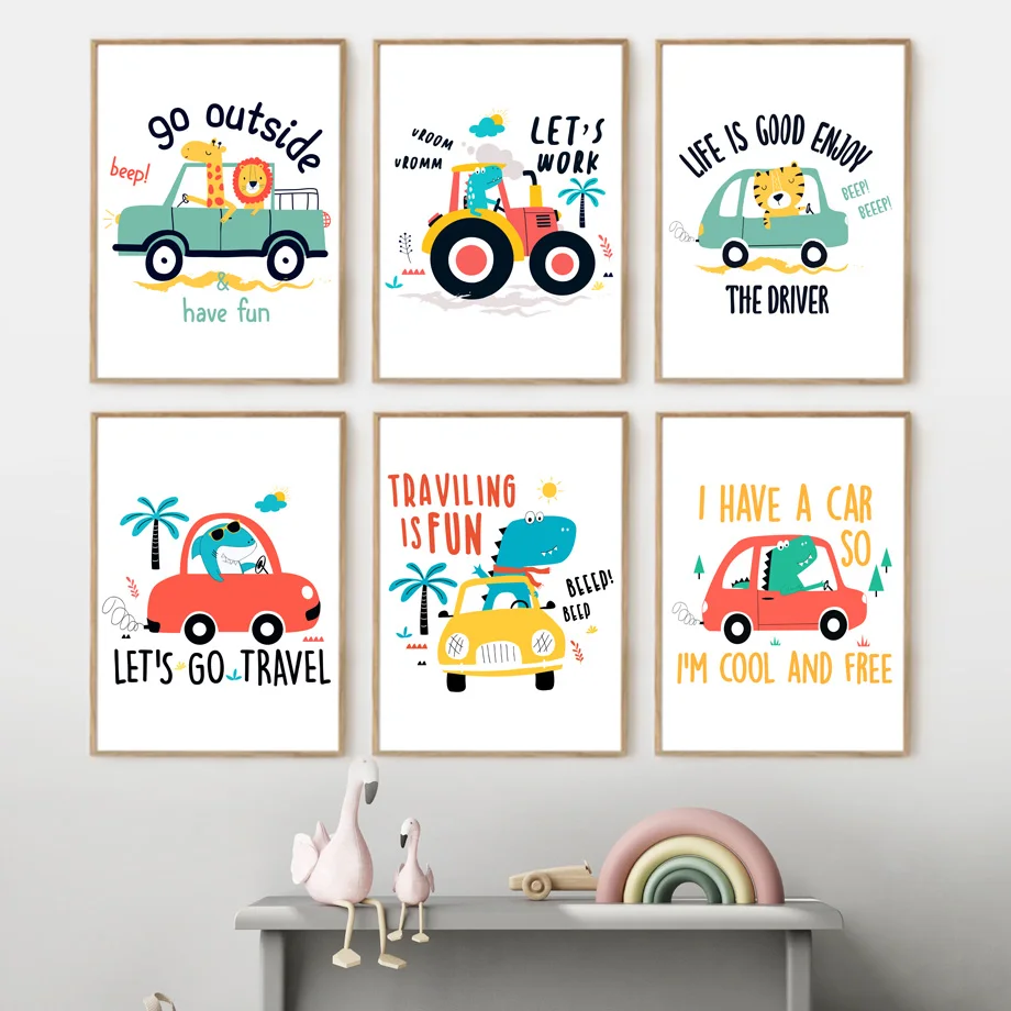 

Cartoon Dinosaur Lion Tiger Car Travel Nursery Wall Art Canvas Painting Nordic Posters And Prints Decor Pictures Baby Kids Room