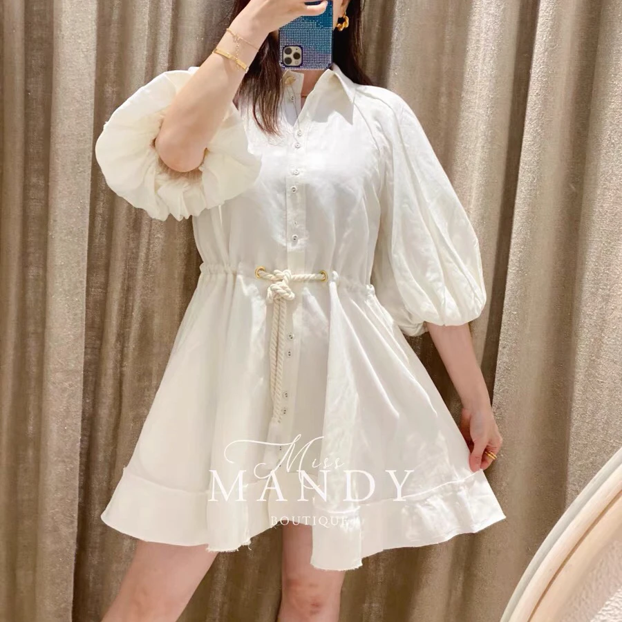 

Women White Linen Mini Dress Half Lantern Sleeve single breasted Lady dress