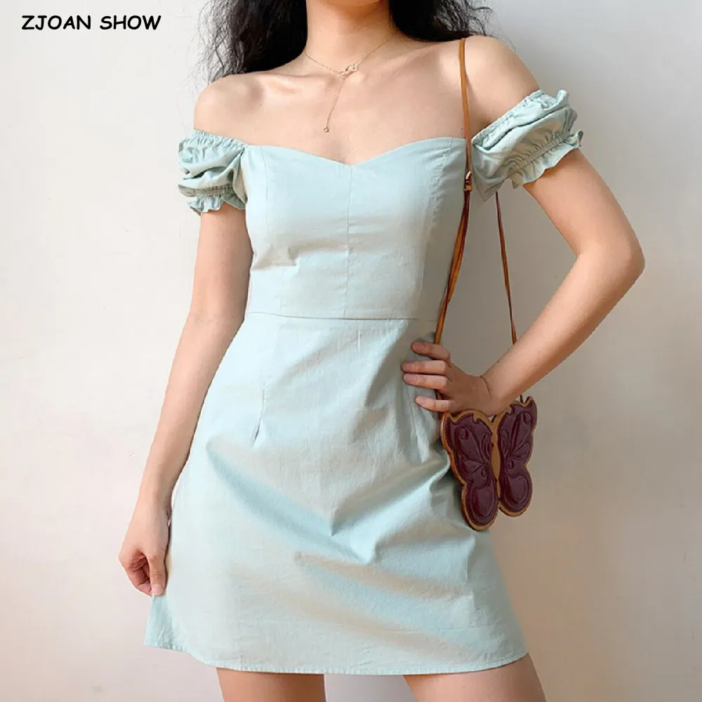 

2023 Retro French Style Square Collar Elastic Cuff Short Puff Sleeve Mini Dress Back Zipper Slim Waist A line Women Robe Summer