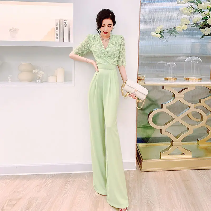 

Women 2022 Summer Elegant Short Sleeve Jumpsuits Female Solid Lace Patchwork Rompers New Lady High Waist Slim Waist Bodysuit I43