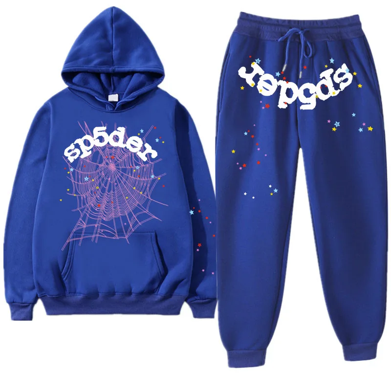 

Blue Sp5der 555555 Hoodie Men Women Tracksuit Spider Web Printing Pants and Sportswear Streetwear Young Thug Pullover Men's Sets