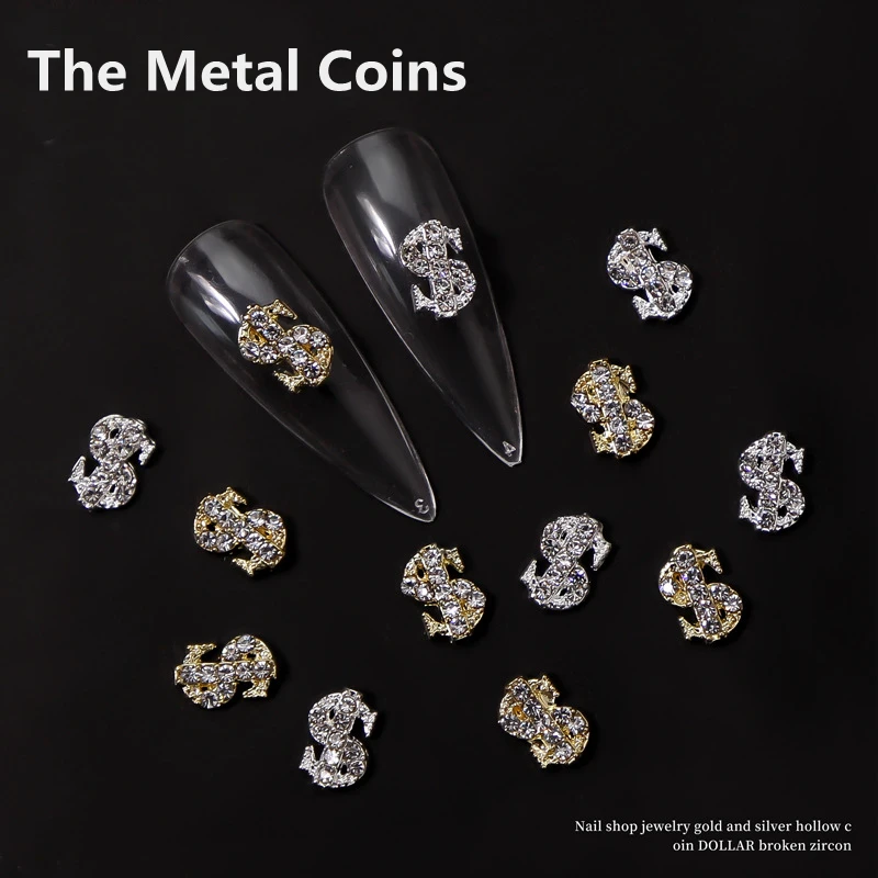 

10pcs Nail Charms Alloy 6*9mm Luxury Coin Money Symbol Silver/Gold Flashing 3D USD Charms Rhinestone DIY Nail Art Decor