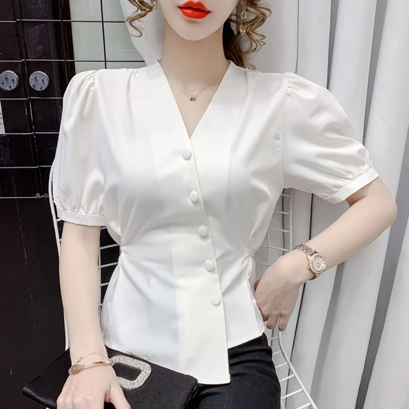 2024 Модные летние белые блузки с v-образным вырезом женские элегантные