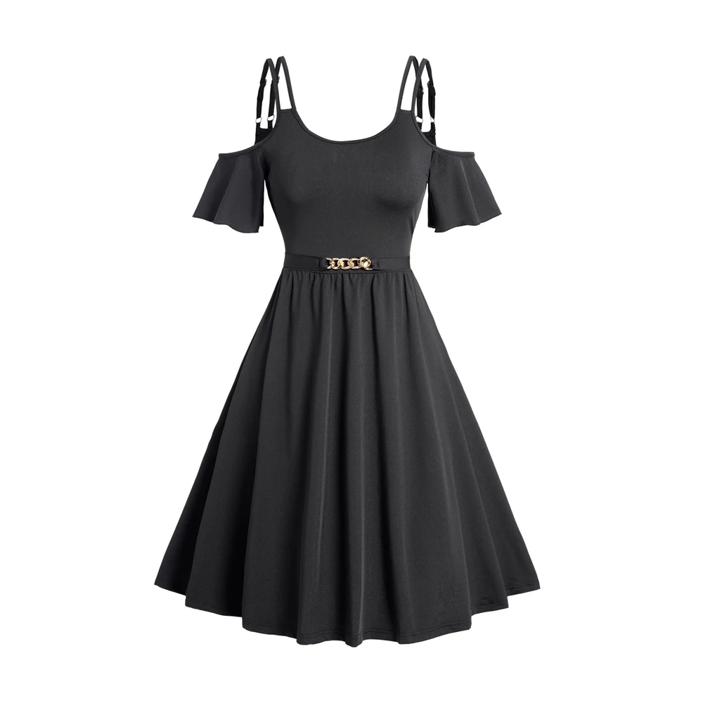 

Solid Black Cold Shoulder Short Sleeve Dress For Female Dual Strap Metal Chain Detail Casual High Waist Summer Robes