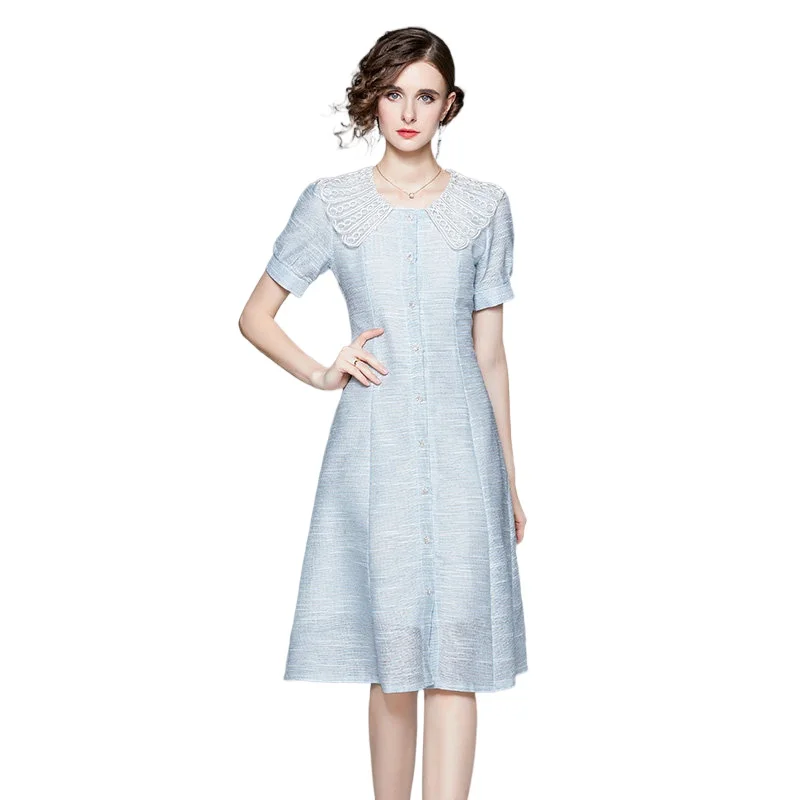 

Simgent Peter Pan Collar Dress Women Summer Single Breasted A Line Elegant Embroidery Dresses Vestidos Femme Robe SG27274