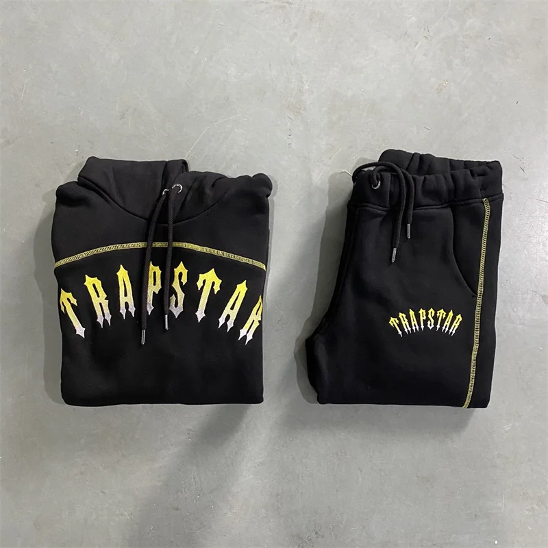 Top Quality Gold Letter Embroidery Black Paneled Women Hoodie Hot Sell Jogger Pants Trapstar Tracksuits Suit Men Central Cee Set