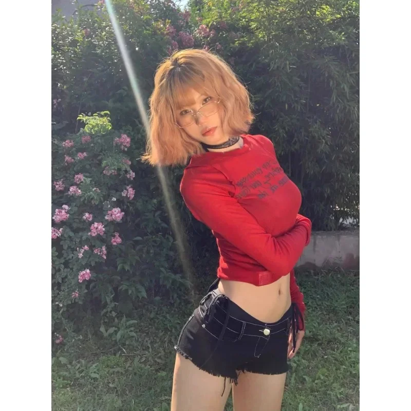 Новая американская Ретро футболка с длинным рукавом базовый красный женский