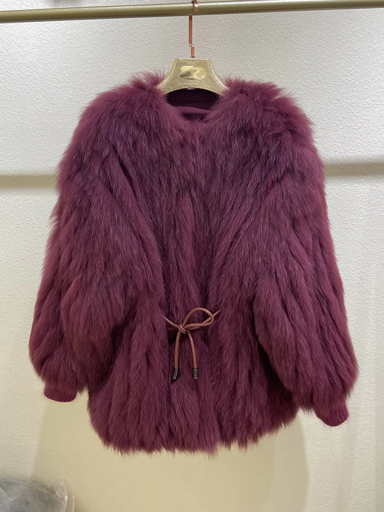 

New Arrival Women Fashion Real Fox Fur Strip Sewed Together Winter Real Fox Fur Thick Warm Slim Fur Coat