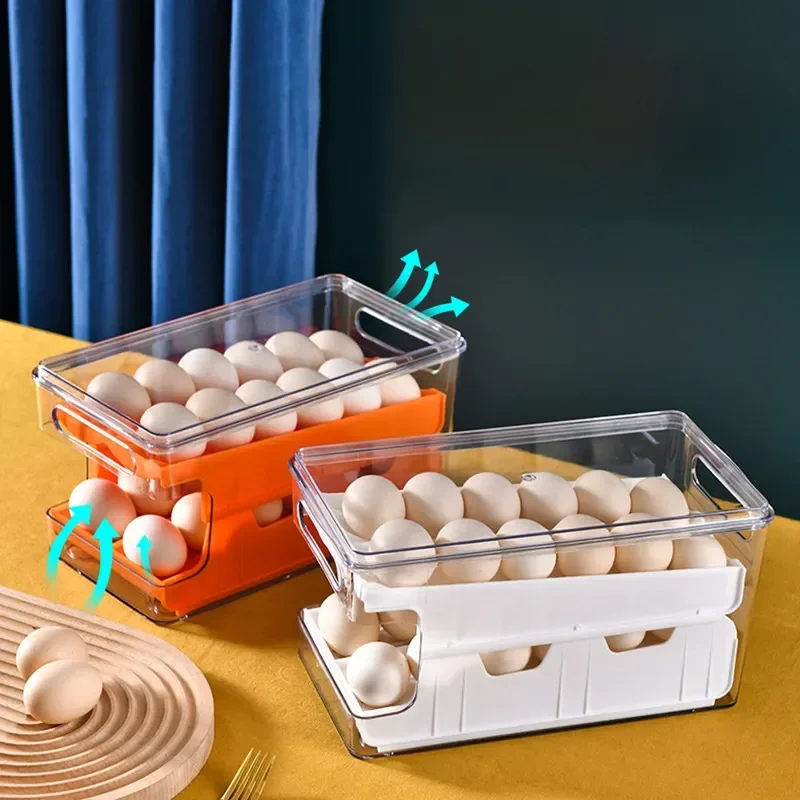 

Tray Box Storage Rolling Slide Egg Eggs Organizer Storage Egg Type Double Refrigerator Fresh-keep Home Layer Container Kitchen