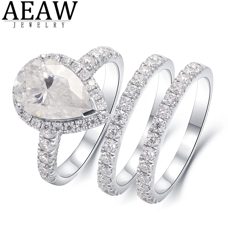 

AEAW Luxury 2.5CT 0.3ctw Pear Cut DF Color Moissanite Engagement Ring-Set 3PCS Wedding Anniversary Gift for Lady Women